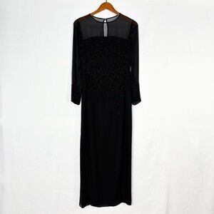Bieff Basix Silk Beaded Maxi Dress Long Sleeve Sheer Size 8 Black